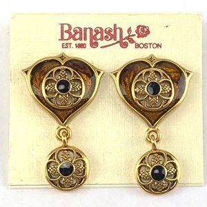 Vintage Banash Boston Earrings on Card Enamel Gold Tone Brown & Black